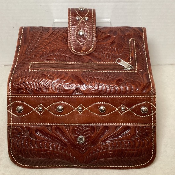 American West Genuine Leather Western Tooled Wallet Brown Snap Closure - Picture 3 of 16